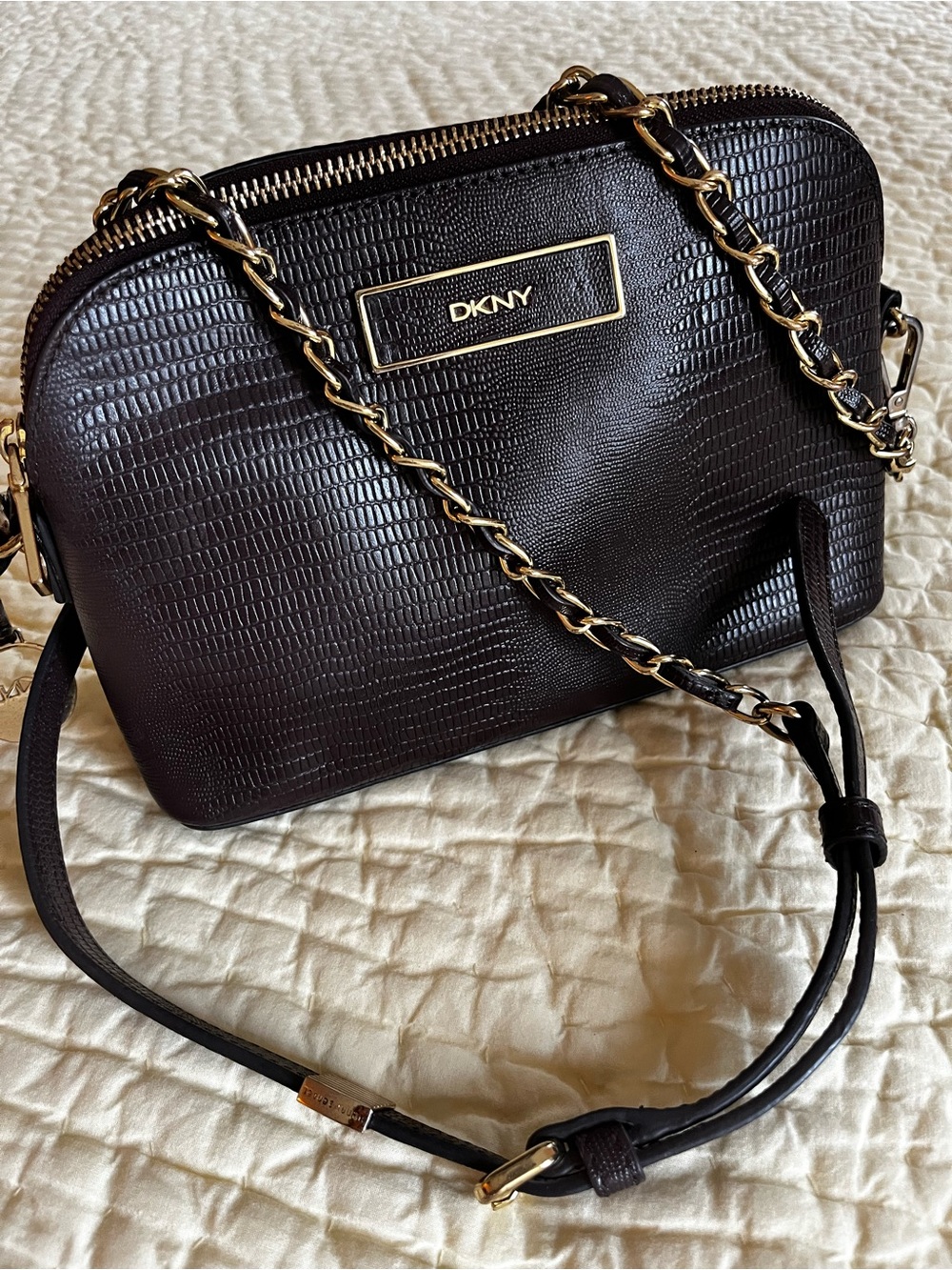 DKNY Brown Textured Crossbody with Gold Chain Trim